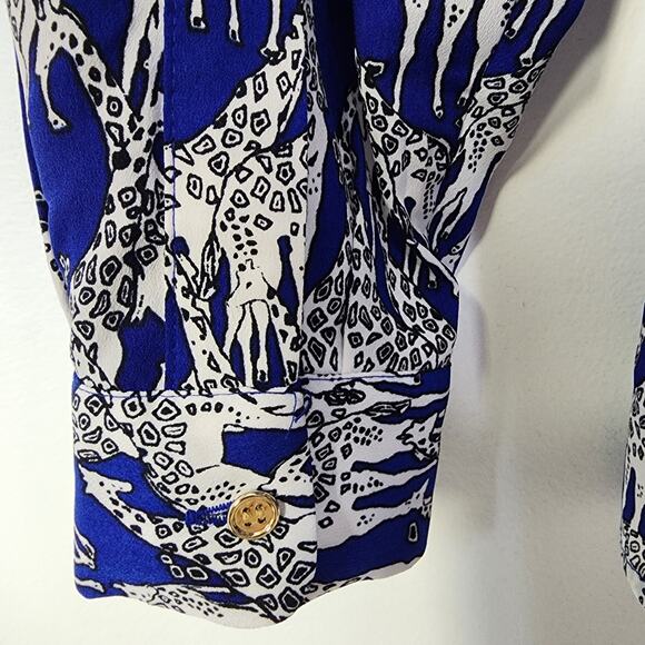 Charter Club Shirt Womens Large Giraffe Safari Print Button Blue Long Tab Sleeve - Picture 8 of 11
